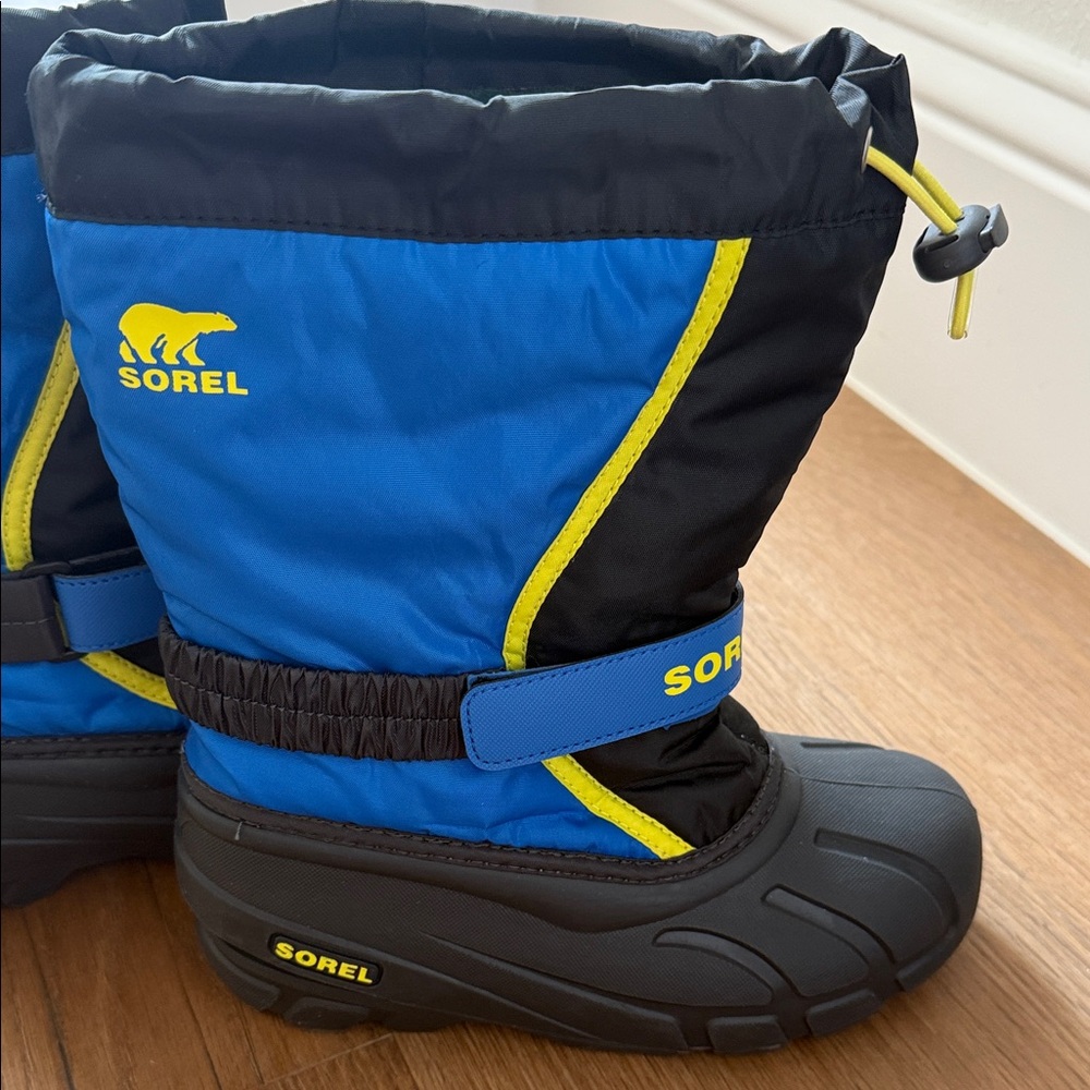 Sorel Black and Blue Snow Boots with Yellow Accents